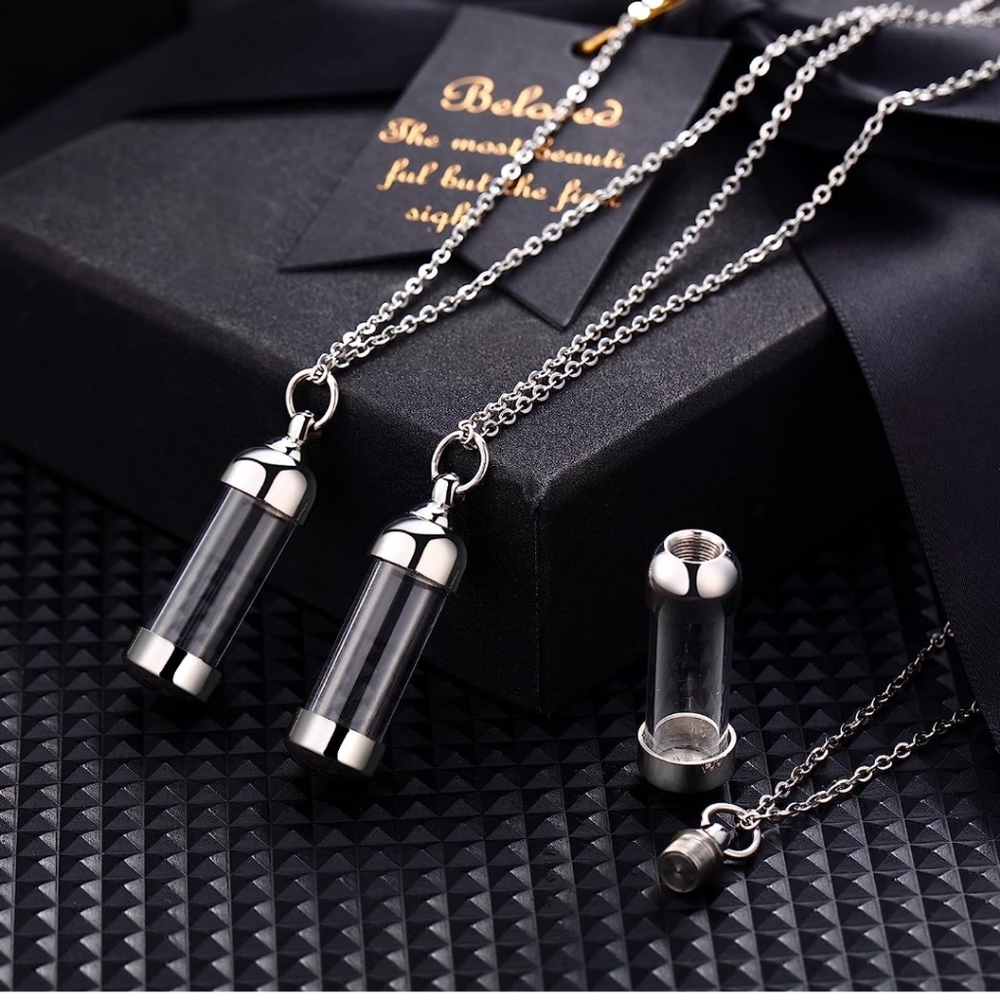 Silver Cremation Urn Necklace with stainless steel chain memorial vial  NEW